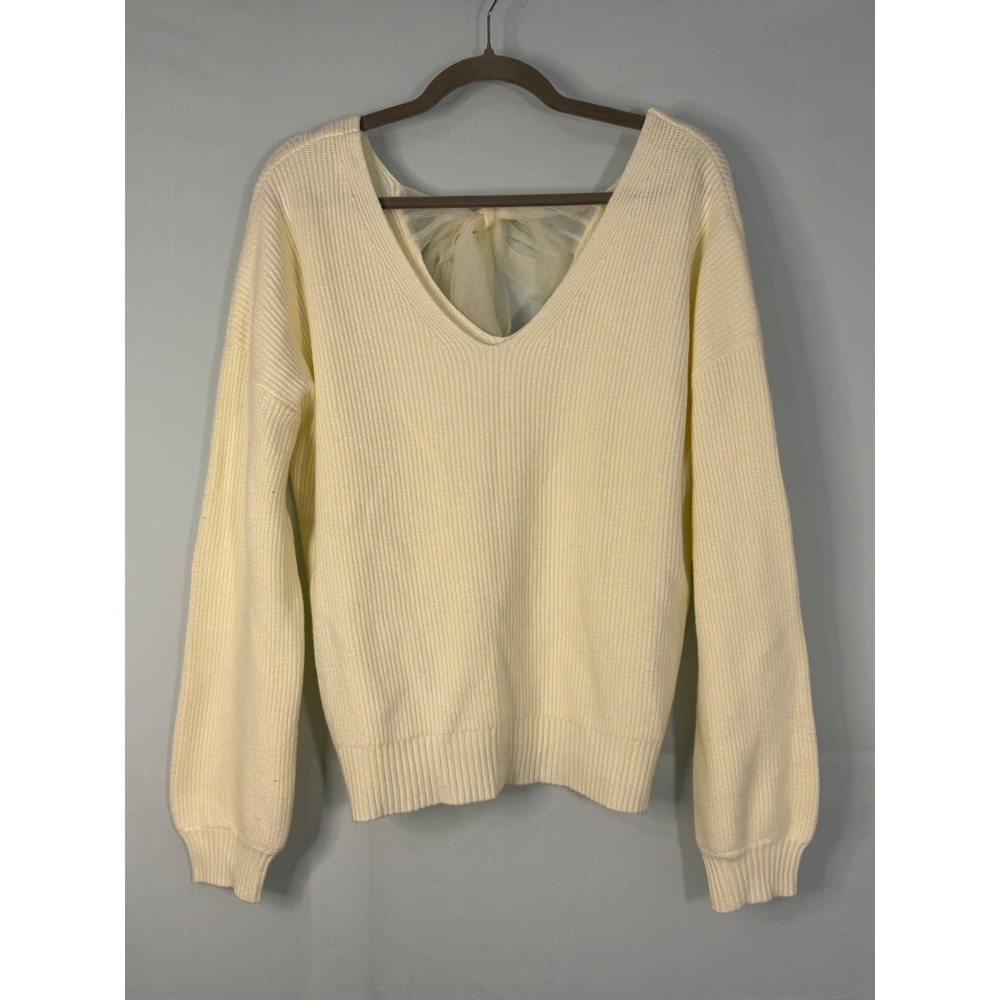 Urban‎ Daizy Sweater Women Large Cream Excellent V-Back Sheer Bow Ribbed CR2410